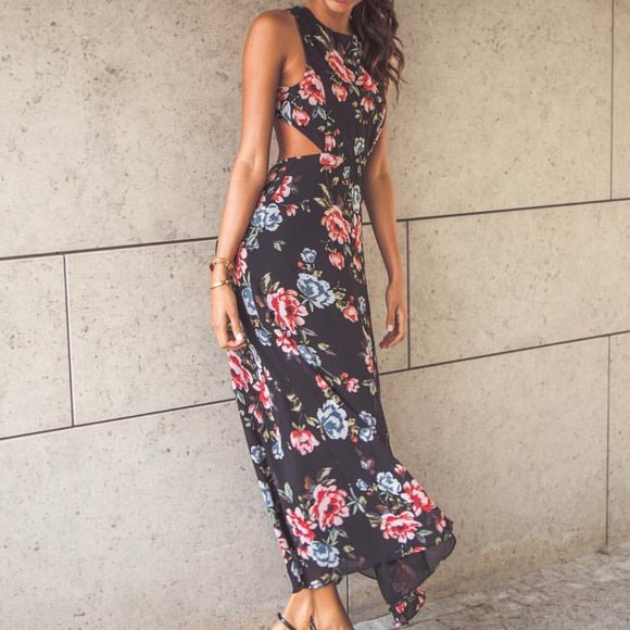 Zara Floral Open Back Cutout Maxi Dress Black Pink Blue Blogger Formal Small - Picture 1 of 12